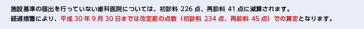 施設基準の届出を行っていない歯科医院については、初診料 226点、再診料 41点に減算されます。経過措置により、平成30年9月30日までは改定前の点数（初診料 234点、再診料 45点）での算定となります。